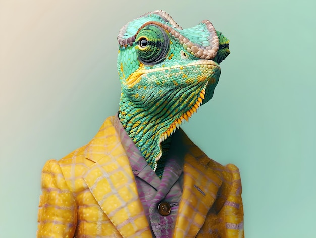 chameleon wearing fancy suit on a pastel gradient background