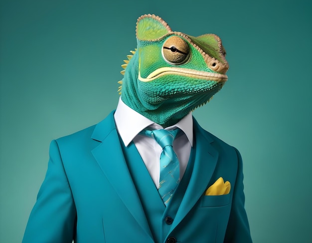 A chameleon wearing a suit and tie against a teal background