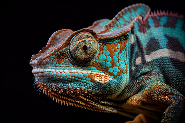 A chameleon with a black background