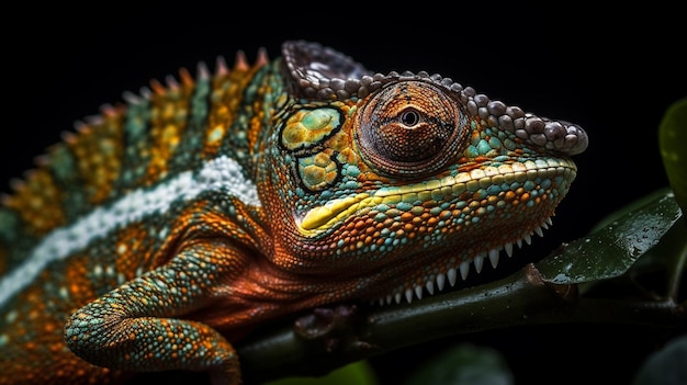 A chameleon with a green and blue face sits on a branch.