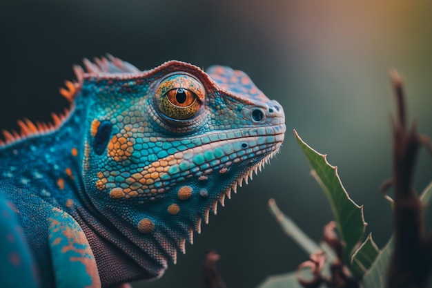 A chameleon with a green and blue head and red eyes sits on a branch.