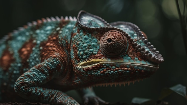 A chameleon with a green and blue head and red eyes sits on a branch.