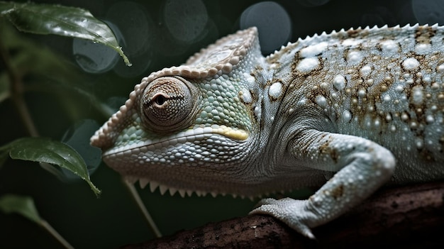 A chameleon with a green head and a white flower on the top.