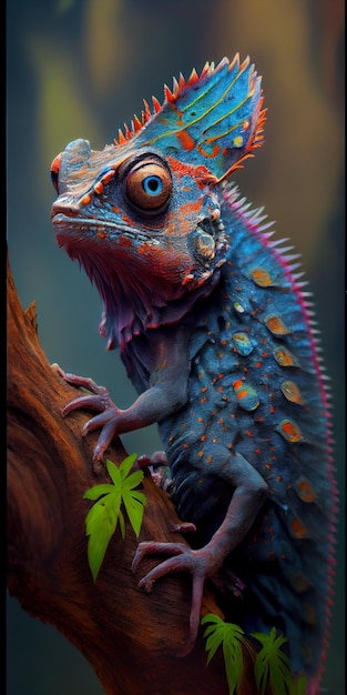 A chameleon with a green leaf on its head