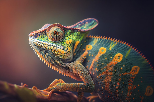 A chameleon with a green and yellow head and a red eye