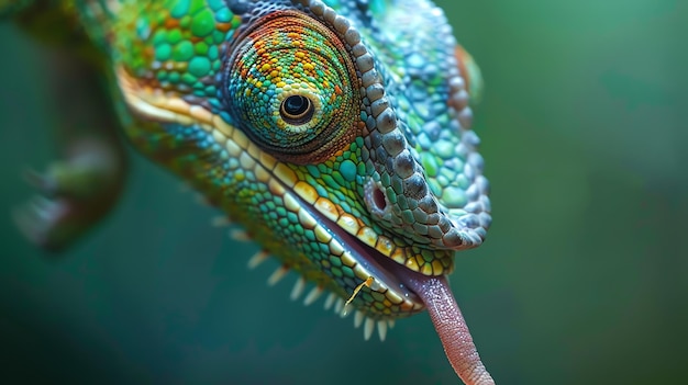 Photo a chameleon with its tongue extended looking for food