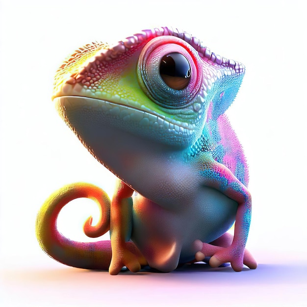 A chameleon with a rainbow colored head sits on a white surface.