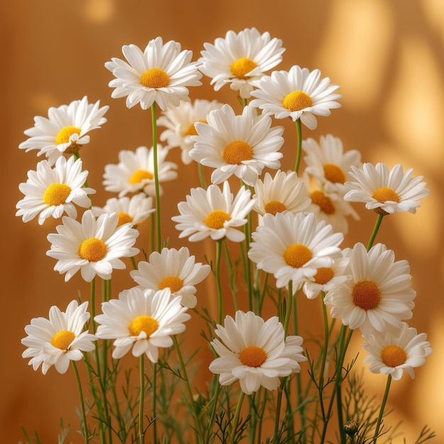 Chamomile daisy flowers bouquet on warm tan ginger background with sunlight shadows