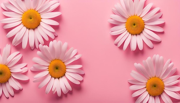 Chamomile daisy flowers on pink paper background