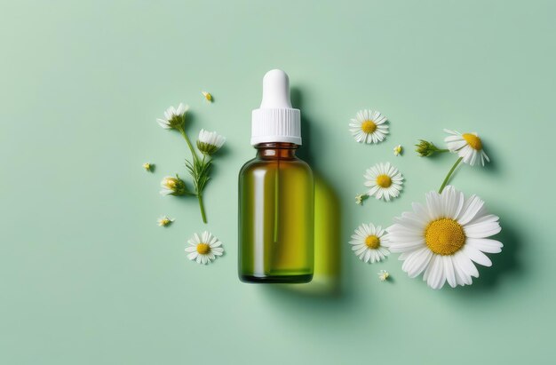 chamomile essential oil bottle with pipette flatlay composition top view of cosmetic product