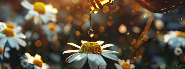 Photo chamomile essential oil drips into the bottle selective focus