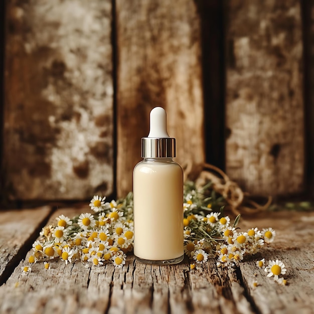 Photo chamomile essential oil dropper bottle on a wooden background