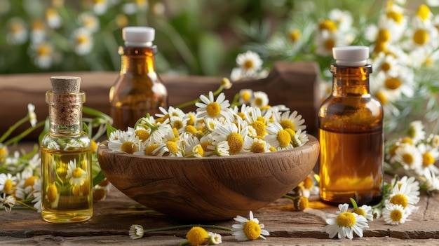 chamomile essential oil and mortar Selective focus