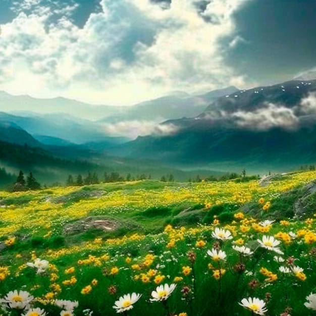 Chamomile field in the mountains