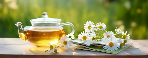 Chamomile flowers books a glass teapot and a cup of herbal tea on a table closeup Generative AI