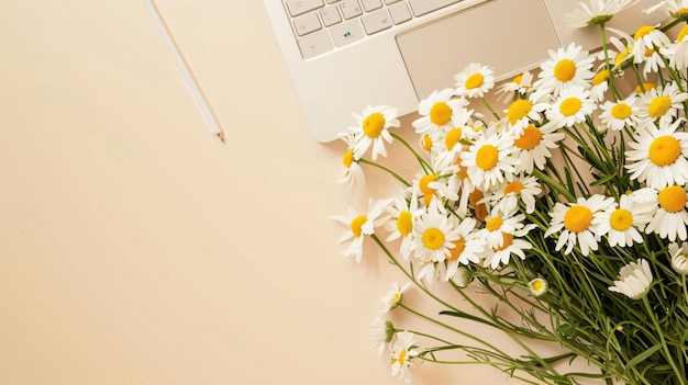 Photo chamomile flowers bouquet on neutral laptop notebook