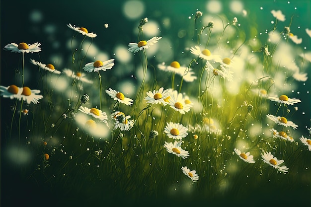 Chamomile flowers closeup on background of summer meadow grass and blue cloud sunny sky Daisy flowers background