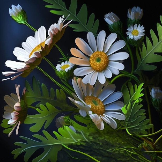 Chamomile flowers closeup on dark background