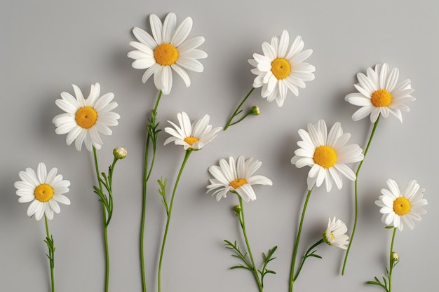 Chamomile flowers on gray background Beautiful summer flowers Medicinal plant for design