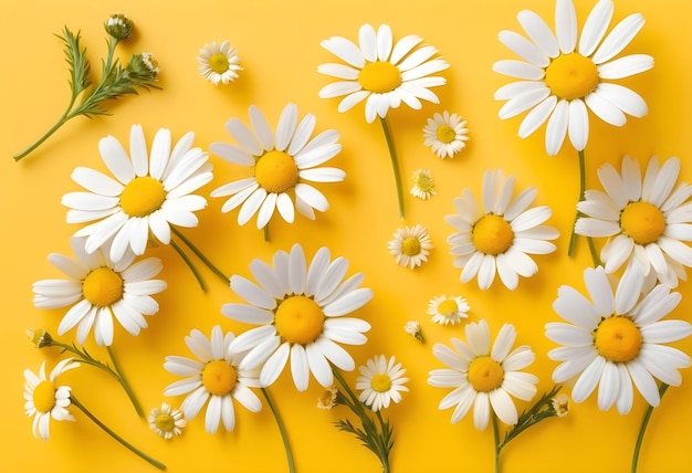 Chamomile flowers on yellow background flat lay concept