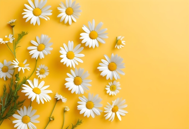 Chamomile flowers on yellow background flat lay concept