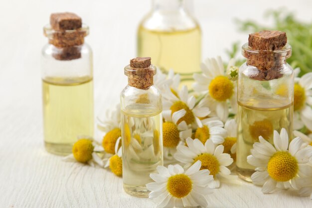 Chamomile. Medicinal little flowers of chamomile with aroma oils on a white wooden table. close-up