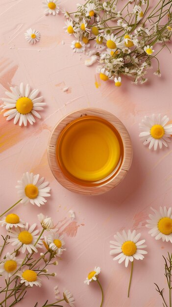 Chamomile oil extract flower on wooden bowl for natural skincare ingedient story background