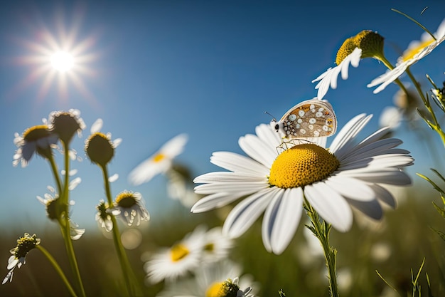 Chamomile in a summer spring field against a blue