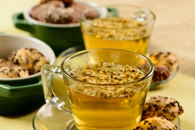 Chamomile tea cup with crackers