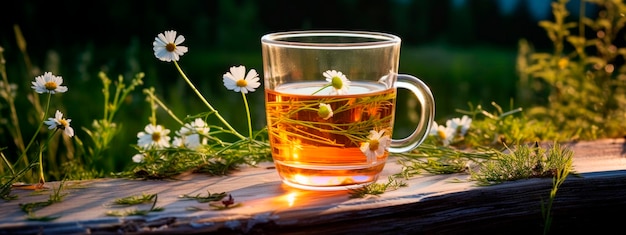 chamomile tea on a wooden stump