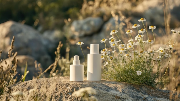 Photo chamomile and white bottles in nature