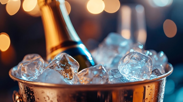 Champagne Bottle in Bucket with Ice Cubes on Table