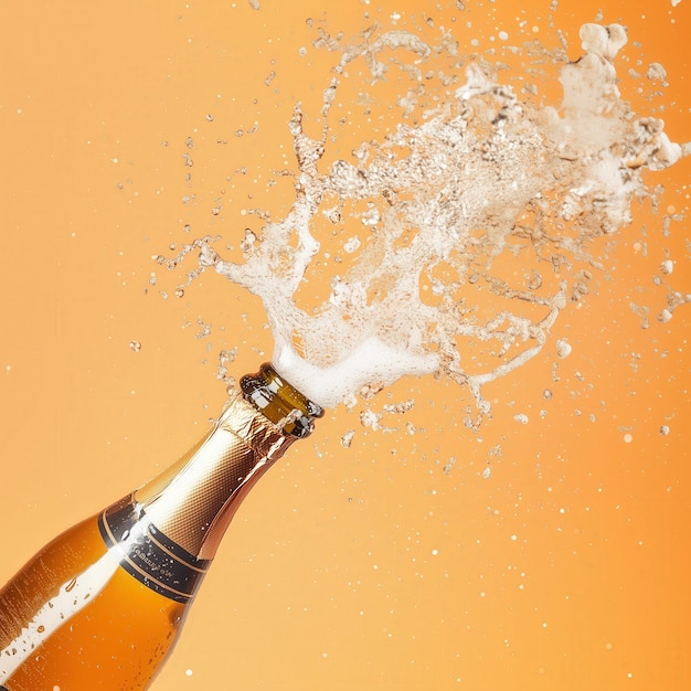 Photo a champagne bottle bursting open spraying bubbles against an orange background