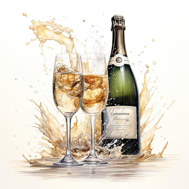 Champagne bottle and glasses watercolor illustration isolated on white background