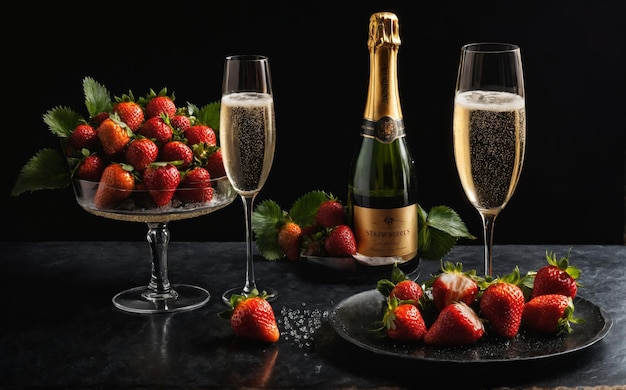 champagne bottle and glasses with strawberries