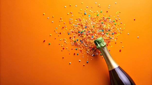 Champagne bottle with colorful confetti on orange background medium shot cheerful closeup confetti elegance bubbles festive special occasion festive background shiny alcohol fun