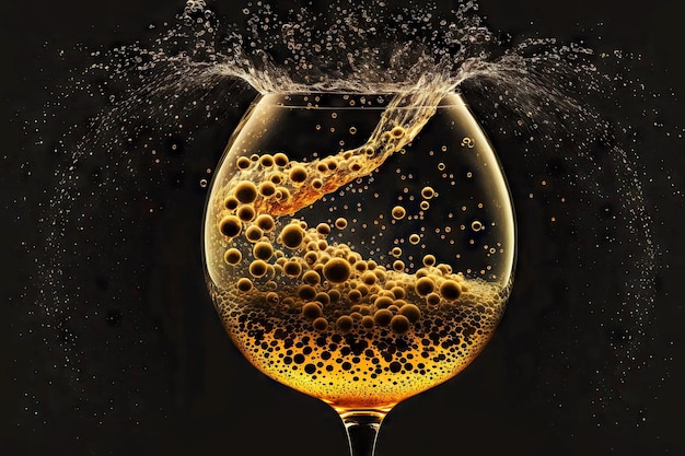 Champagne bubbles spreading over surface of glass on golden black background