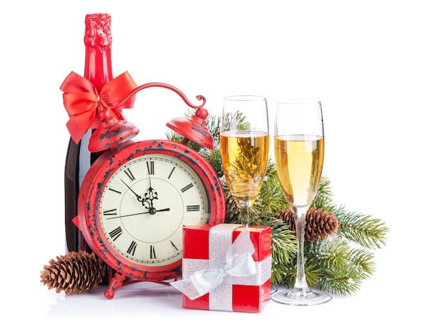 Champagne christmas gift clock and fir tree