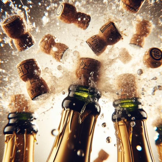 champagne corks are being poured into a glass bowl