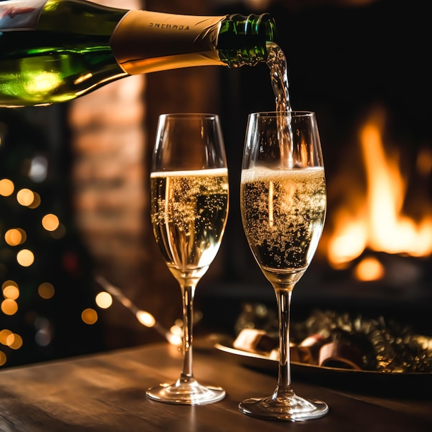 Champagne in front of a fireplace on a holiday eve celebration Merry Christmas Happy New Year and Happy Holidays wishes generative ai