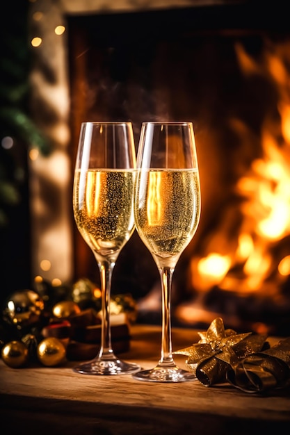 Champagne in front of a fireplace on a holiday eve celebration Merry Christmas Happy New Year and Happy Holidays wishes generative ai