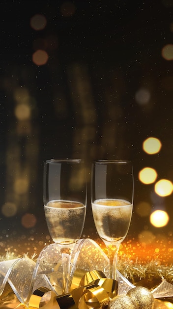 Champagne glass and Christmas ornament with blurred lights background Celebration background