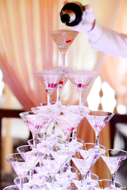 Champagne glass pyramid Pyramid of glasses of wine champagne tower of champagne