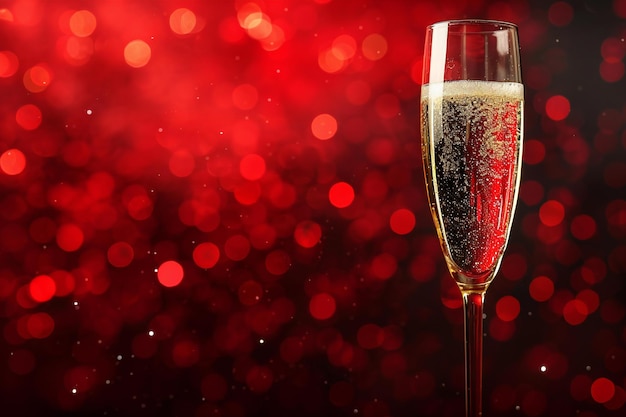 Champagne glass on red bokeh background New Year celebration