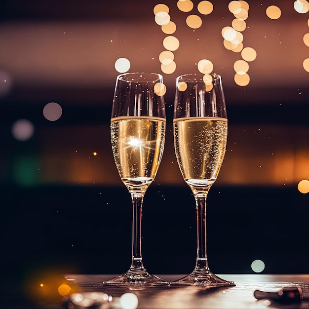 champagne glasses against holiday lights and new year fireworks