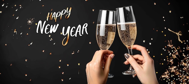 Champagne glasses black background happy new year