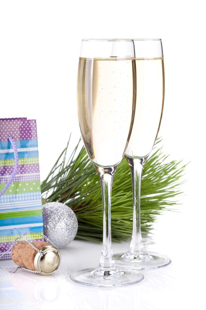 Champagne glasses and christmas gift