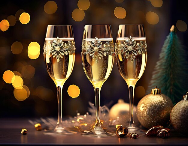 champagne glasses flutes close up with bottles on golden table Sparkling in dark background