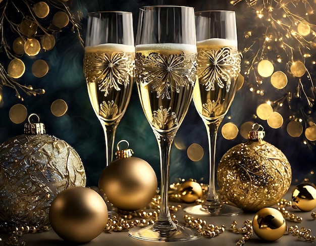 champagne glasses flutes close up with bottles on golden table Sparkling in dark background