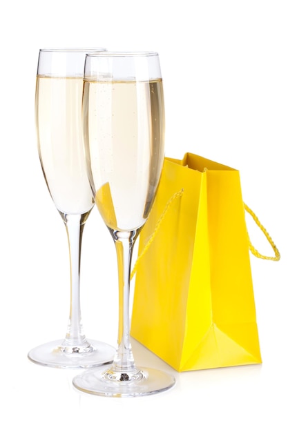 Champagne glasses and gift bag